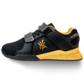 Ronin Lifters Black & Gold heeled squat shoe side view - wide toe box, 20mm heel raise