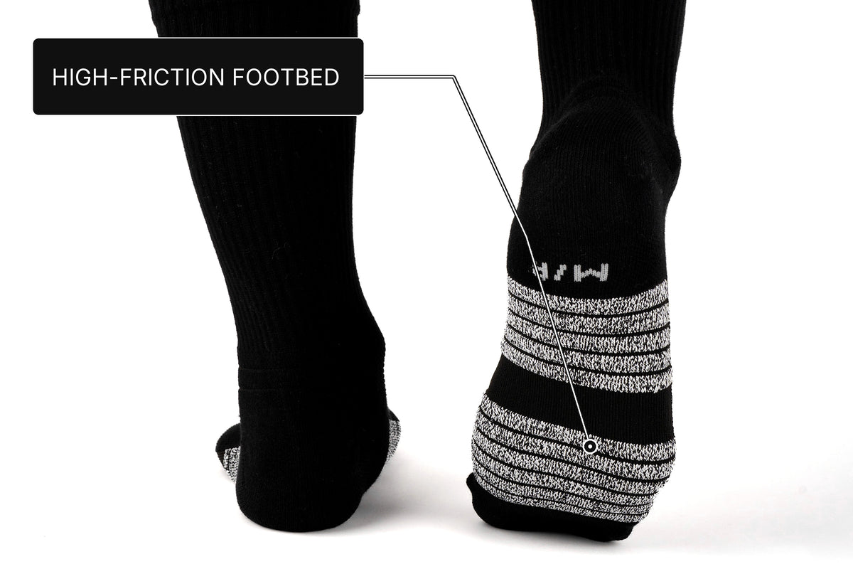 Performance Crew Socks with the complete sole visible and the high-friction footbed thread zone identified.